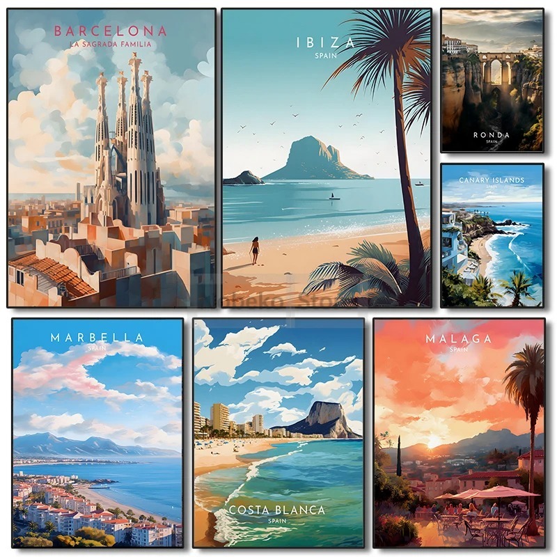 Home Barcelona - Spain Travel Poster Barcelona Malaga Ibiza