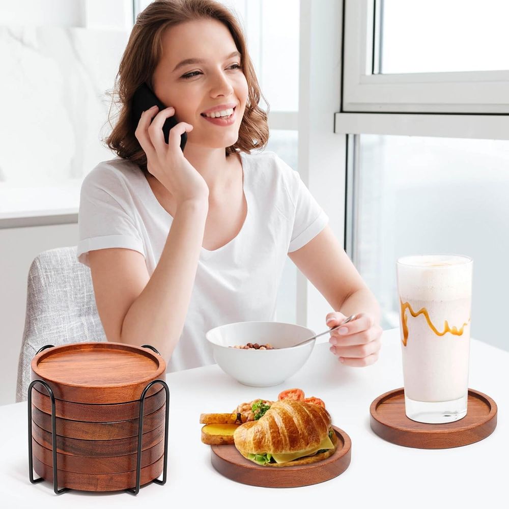Set of 6 Acacia Wood Coasters  - đánh giá và giá Home Bar Set