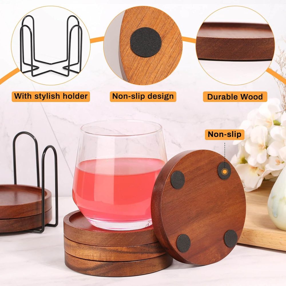 Set of 6 Acacia Wood Coasters  - đánh giá và giá Home Bar Set